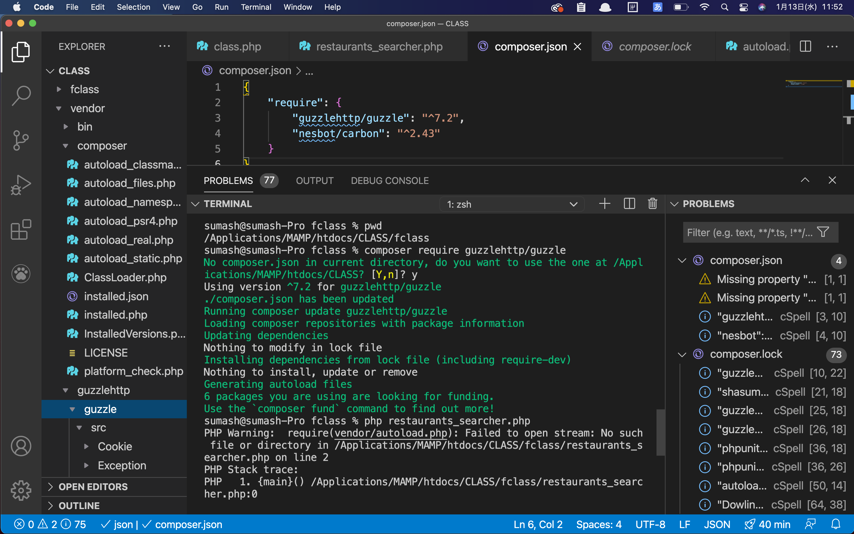 vendor/autolod.php'ファイルが開けないため、教材9.3と同じように表示