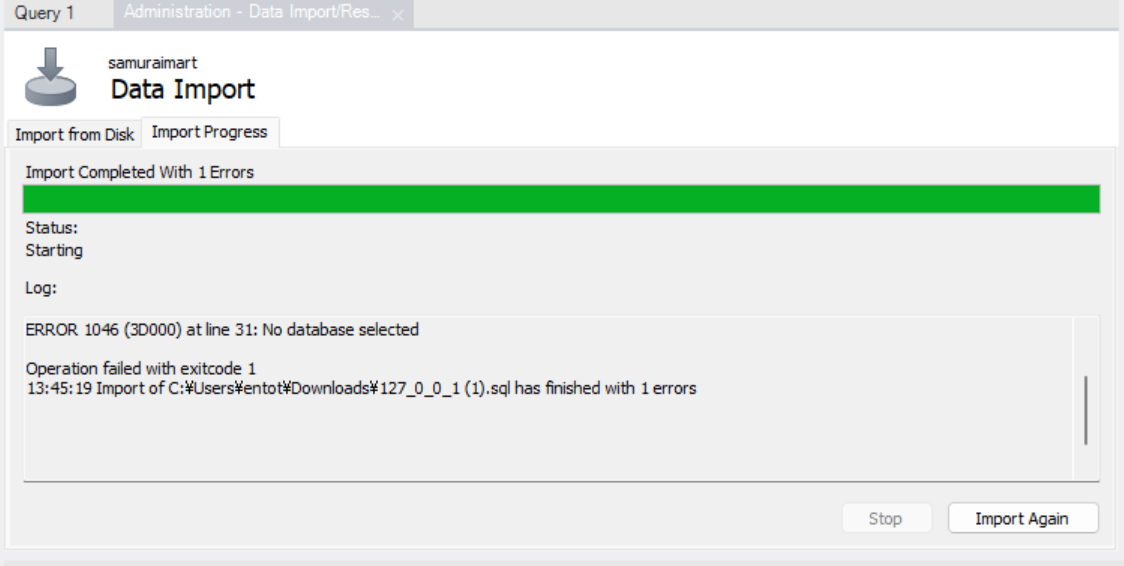MySQL Workbenchでデータベースのインポートが失敗する