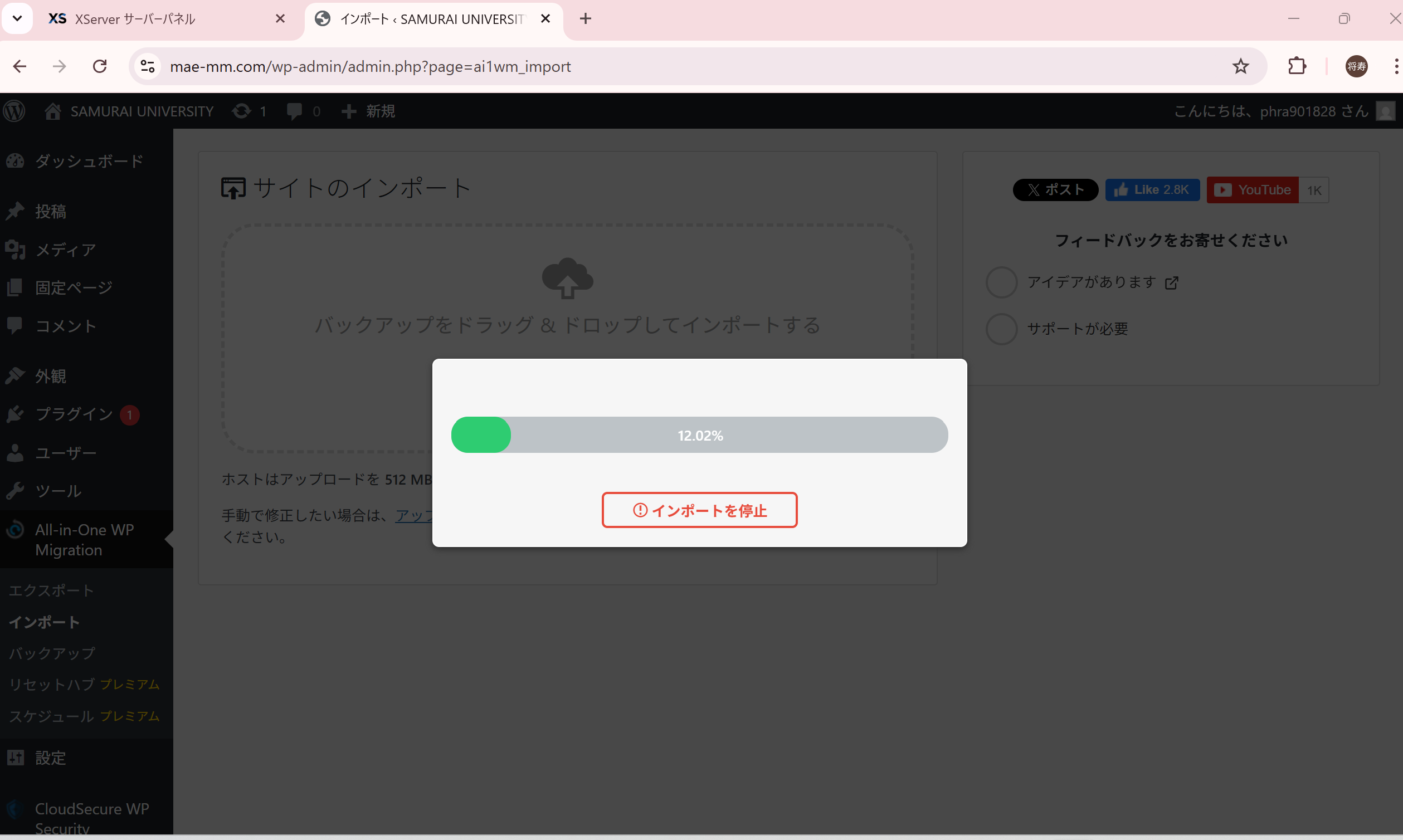 XserverのWordpressに大学サイトをインポートしたいが、できない